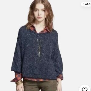 Free People Navy Blue Tweed Boucle Pullover Sweater Cropped Large